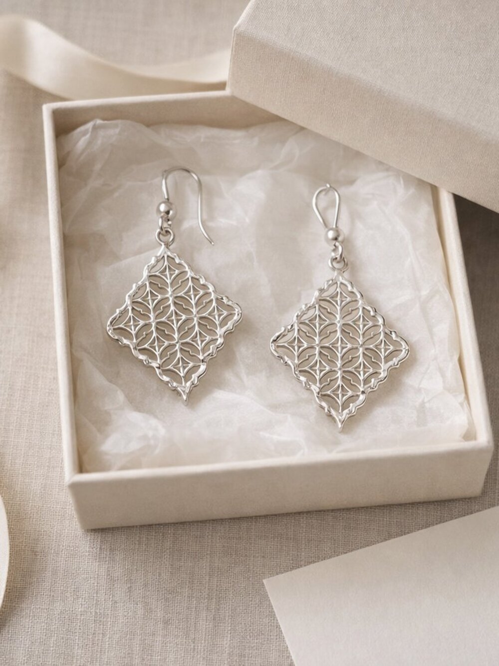 Sterling Silver “Ornate Filigree Diamond Drops” Earrings Boho - Picture 3 of 4